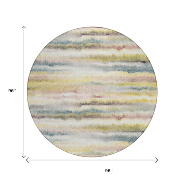 HomeRoots 5' Coastal-Inspired Gold Gray and Ivory Striped Washable Area Rug for Indoor and Outdoor Spaces 8' Round 631409
