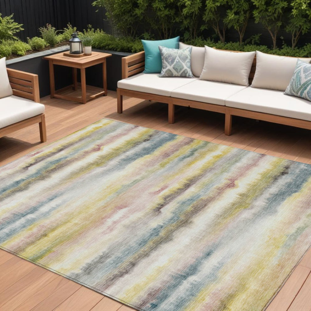 HomeRoots 5' Coastal-Inspired Gold Gray and Ivory Striped Washable Area Rug for Indoor and Outdoor Spaces 8' X 10' 631410