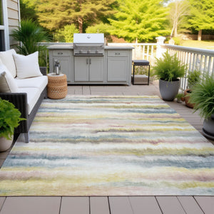 HomeRoots 5' Coastal-Inspired Gold Gray and Ivory Striped Washable Area Rug for Indoor and Outdoor Spaces 8' X 10' 631410