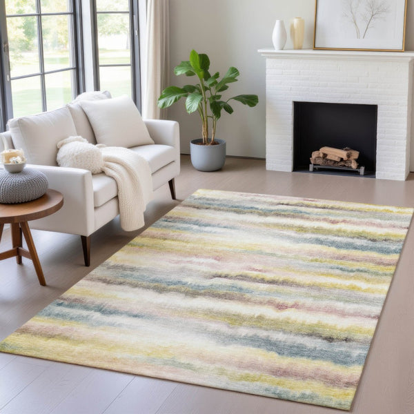 HomeRoots 5' Coastal-Inspired Gold Gray and Ivory Striped Washable Area Rug for Indoor and Outdoor Spaces 8' X 10' 631410