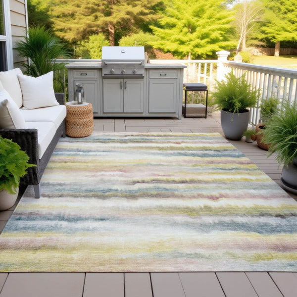 HomeRoots 5' Coastal-Inspired Gold Gray and Ivory Striped Washable Area Rug for Indoor and Outdoor Spaces 9' X 12' 631411