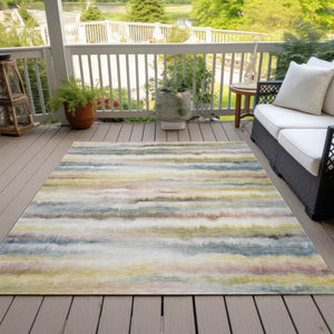 HomeRoots 5' Coastal-Inspired Gold Gray and Ivory Striped Washable Area Rug for Indoor and Outdoor Spaces 9' X 12' 631411