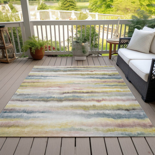 HomeRoots 5' Coastal-Inspired Gold Gray and Ivory Striped Washable Area Rug for Indoor and Outdoor Spaces 9' X 12' 631411