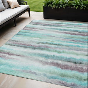 HomeRoots 5' Vibrant Teal, Plum & Ivory Striped Area Rug - Washable, Durable for Indoor & Outdoor Use 5' X 8' 631414