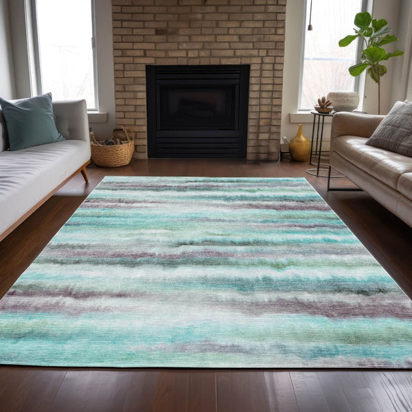 HomeRoots 5' Vibrant Teal, Plum & Ivory Striped Area Rug - Washable, Durable for Indoor & Outdoor Use 5' X 8' 631414