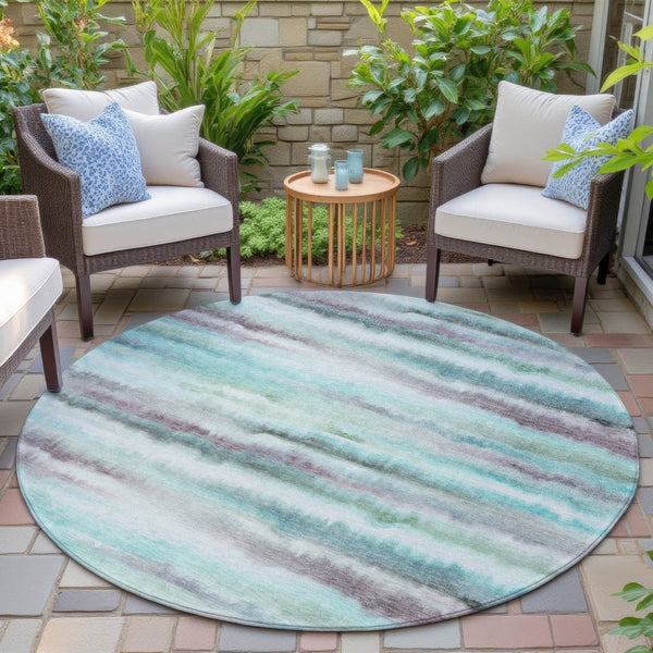 HomeRoots 5' Vibrant Teal, Plum & Ivory Striped Area Rug - Washable, Durable for Indoor & Outdoor Use 8' Round 631415