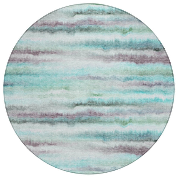 HomeRoots 5' Vibrant Teal, Plum & Ivory Striped Area Rug - Washable, Durable for Indoor & Outdoor Use 8' Round 631415