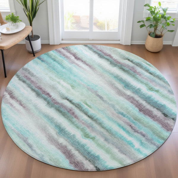 HomeRoots 5' Vibrant Teal, Plum & Ivory Striped Area Rug - Washable, Durable for Indoor & Outdoor Use 8' Round 631415