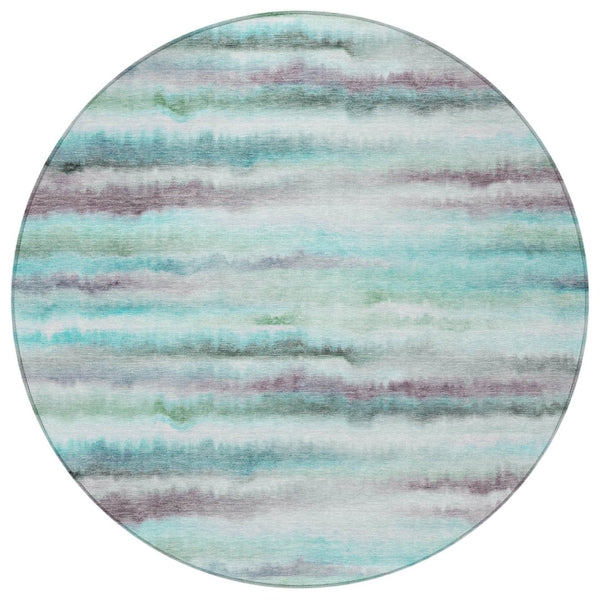 HomeRoots 5' Vibrant Teal, Plum & Ivory Striped Area Rug - Washable, Durable for Indoor & Outdoor Use 8' Round 631415