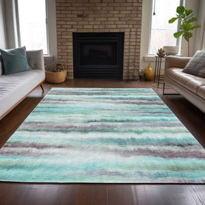 HomeRoots 5' Vibrant Teal, Plum & Ivory Striped Area Rug - Washable, Durable for Indoor & Outdoor Use 8' X 10' 631416