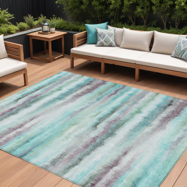 HomeRoots 5' Vibrant Teal, Plum & Ivory Striped Area Rug - Washable, Durable for Indoor & Outdoor Use 9' X 12' 631417