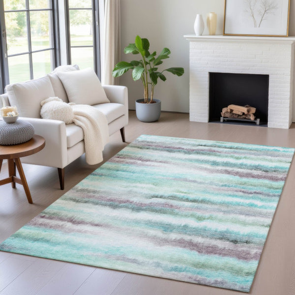 HomeRoots 5' Vibrant Teal, Plum & Ivory Striped Area Rug - Washable, Durable for Indoor & Outdoor Use 9' X 12' 631417