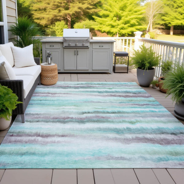 HomeRoots 5' Vibrant Teal, Plum & Ivory Striped Area Rug - Washable, Durable for Indoor & Outdoor Use 10' X 14' 631418
