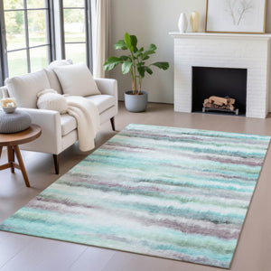 HomeRoots 5' Vibrant Teal, Plum & Ivory Striped Area Rug - Washable, Durable for Indoor & Outdoor Use 10' X 14' 631418