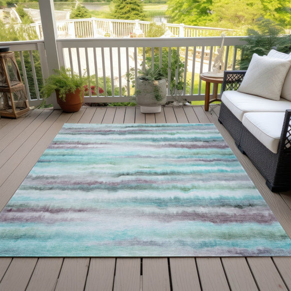 HomeRoots 5' Vibrant Teal, Plum & Ivory Striped Area Rug - Washable, Durable for Indoor & Outdoor Use 10' X 14' 631418