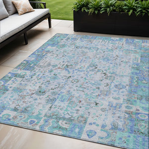 HomeRoots 5' Blue and Silver Patchwork Area Rug - Washable, Stain-Resistant Design for Indoor and Outdoor Use 5' X 8' 631420