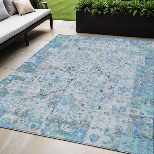 HomeRoots 5' Blue and Silver Patchwork Area Rug - Washable, Stain-Resistant Design for Indoor and Outdoor Use 5' X 8' 631420