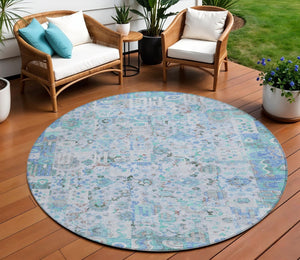 HomeRoots 5' Blue and Silver Patchwork Area Rug - Washable, Stain-Resistant Design for Indoor and Outdoor Use 8' Round 631421