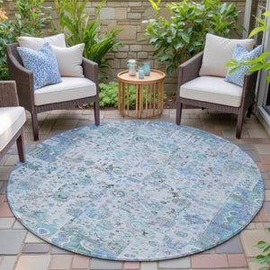 HomeRoots 5' Blue and Silver Patchwork Area Rug - Washable, Stain-Resistant Design for Indoor and Outdoor Use 8' Round 631421