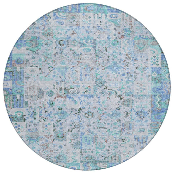 HomeRoots 5' Blue and Silver Patchwork Area Rug - Washable, Stain-Resistant Design for Indoor and Outdoor Use 8' Round 631421