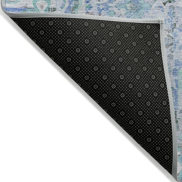 HomeRoots 5' Blue and Silver Patchwork Area Rug - Washable, Stain-Resistant Design for Indoor and Outdoor Use 8' Round 631421