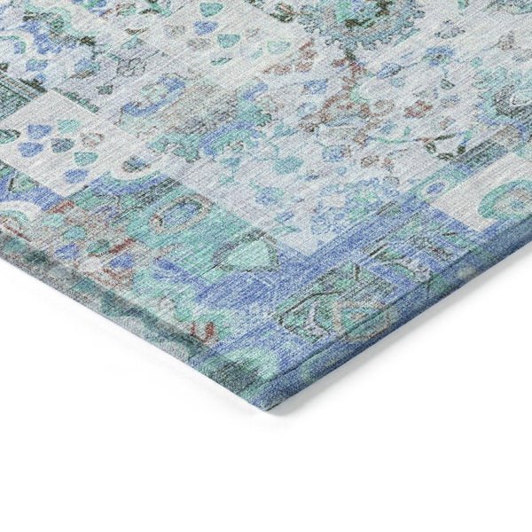 HomeRoots 5' Blue and Silver Patchwork Area Rug - Washable, Stain-Resistant Design for Indoor and Outdoor Use 8' Round 631421