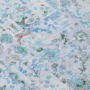 HomeRoots 5' Blue and Silver Patchwork Area Rug - Washable, Stain-Resistant Design for Indoor and Outdoor Use 8' Round 631421