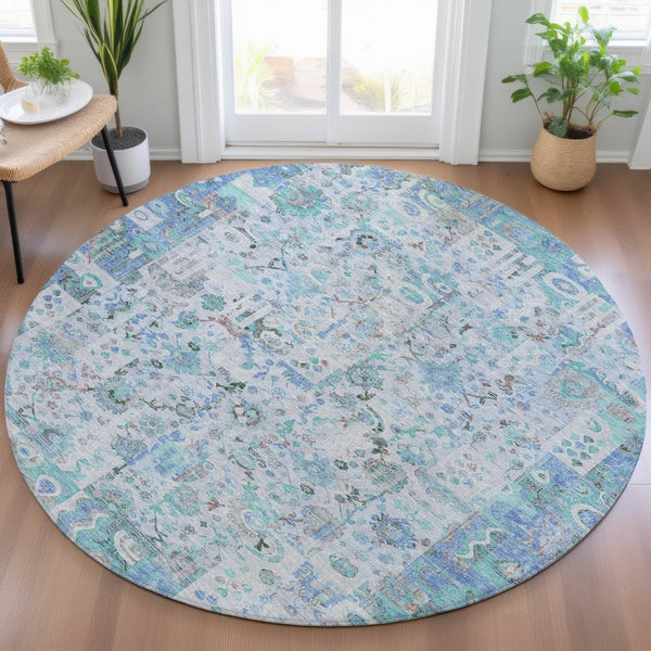 HomeRoots 5' Blue and Silver Patchwork Area Rug - Washable, Stain-Resistant Design for Indoor and Outdoor Use 8' Round 631421