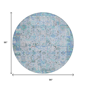 HomeRoots 5' Blue and Silver Patchwork Area Rug - Washable, Stain-Resistant Design for Indoor and Outdoor Use 8' Round 631421