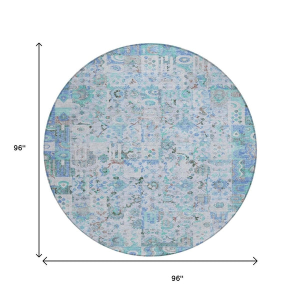 HomeRoots 5' Blue and Silver Patchwork Area Rug - Washable, Stain-Resistant Design for Indoor and Outdoor Use 8' Round 631421