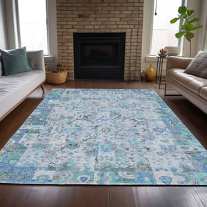HomeRoots 5' Blue and Silver Patchwork Area Rug - Washable, Stain-Resistant Design for Indoor and Outdoor Use 8' X 10' 631422