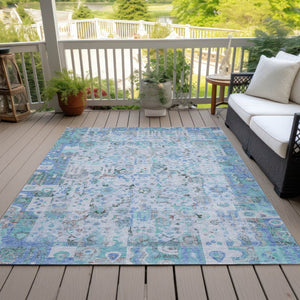 HomeRoots 5' Blue and Silver Patchwork Area Rug - Washable, Stain-Resistant Design for Indoor and Outdoor Use 8' X 10' 631422