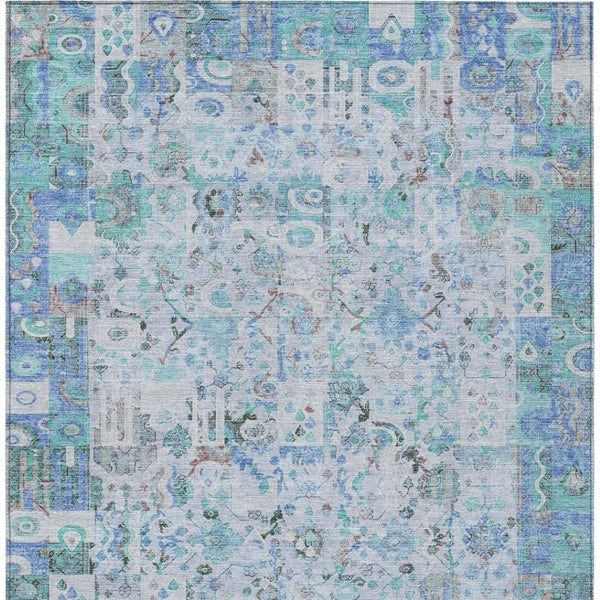 HomeRoots 5' Blue and Silver Patchwork Area Rug - Washable, Stain-Resistant Design for Indoor and Outdoor Use 9' X 12' 631423