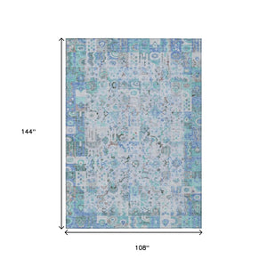 HomeRoots 5' Blue and Silver Patchwork Area Rug - Washable, Stain-Resistant Design for Indoor and Outdoor Use 9' X 12' 631423