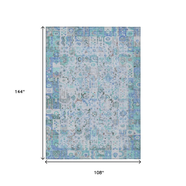 HomeRoots 5' Blue and Silver Patchwork Area Rug - Washable, Stain-Resistant Design for Indoor and Outdoor Use 9' X 12' 631423