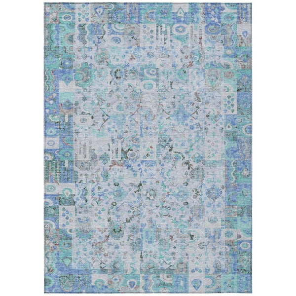 HomeRoots 5' Blue and Silver Patchwork Area Rug - Washable, Stain-Resistant Design for Indoor and Outdoor Use 9' X 12' 631423