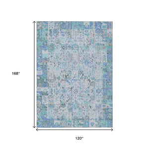 HomeRoots 5' Blue and Silver Patchwork Area Rug - Washable, Stain-Resistant Design for Indoor and Outdoor Use 10' X 14' 631424