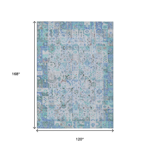 HomeRoots 5' Blue and Silver Patchwork Area Rug - Washable, Stain-Resistant Design for Indoor and Outdoor Use 10' X 14' 631424