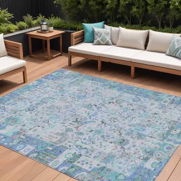HomeRoots 5' Blue and Silver Patchwork Area Rug - Washable, Stain-Resistant Design for Indoor and Outdoor Use 10' X 14' 631424