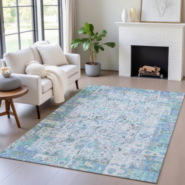 HomeRoots 5' Blue and Silver Patchwork Area Rug - Washable, Stain-Resistant Design for Indoor and Outdoor Use 10' X 14' 631424