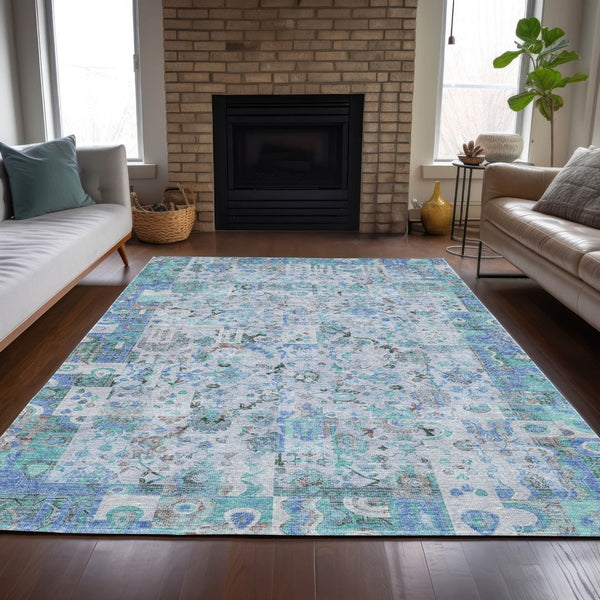 HomeRoots 5' Blue and Silver Patchwork Area Rug - Washable, Stain-Resistant Design for Indoor and Outdoor Use 10' X 14' 631424