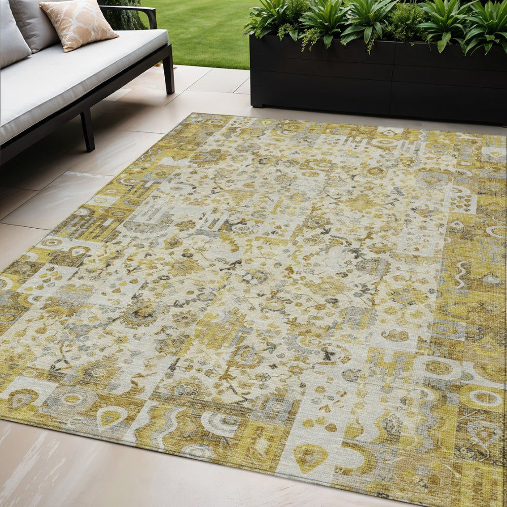HomeRoots 5' Elegant Gold and Ivory Patchwork Washable Area Rug for Indoor and Outdoor Spaces, Easy Care 5' X 8' 631426