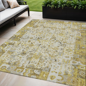 HomeRoots 5' Elegant Gold and Ivory Patchwork Washable Area Rug for Indoor and Outdoor Spaces, Easy Care 5' X 8' 631426