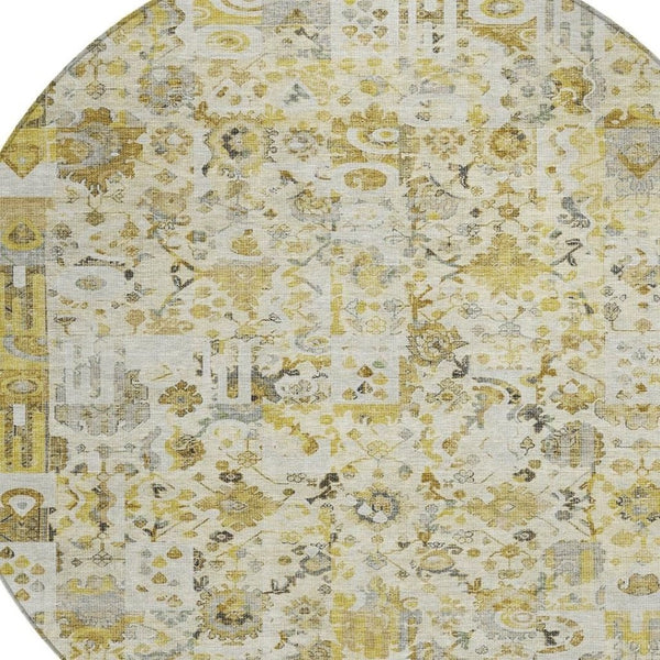 HomeRoots 5' Elegant Gold and Ivory Patchwork Washable Area Rug for Indoor and Outdoor Spaces, Easy Care 8' Round 631427