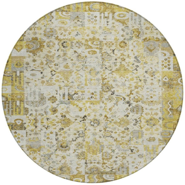 HomeRoots 5' Elegant Gold and Ivory Patchwork Washable Area Rug for Indoor and Outdoor Spaces, Easy Care 8' Round 631427