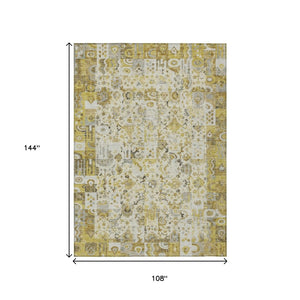 HomeRoots 5' Elegant Gold and Ivory Patchwork Washable Area Rug for Indoor and Outdoor Spaces, Easy Care 9' X 12' 631429