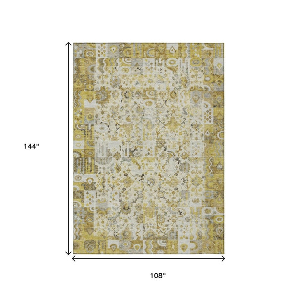 HomeRoots 5' Elegant Gold and Ivory Patchwork Washable Area Rug for Indoor and Outdoor Spaces, Easy Care 9' X 12' 631429