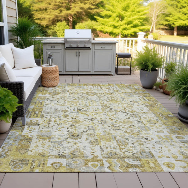 HomeRoots 5' Elegant Gold and Ivory Patchwork Washable Area Rug for Indoor and Outdoor Spaces, Easy Care 9' X 12' 631429