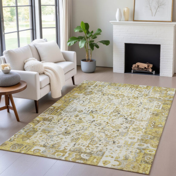 HomeRoots 5' Elegant Gold and Ivory Patchwork Washable Area Rug for Indoor and Outdoor Spaces, Easy Care 9' X 12' 631429