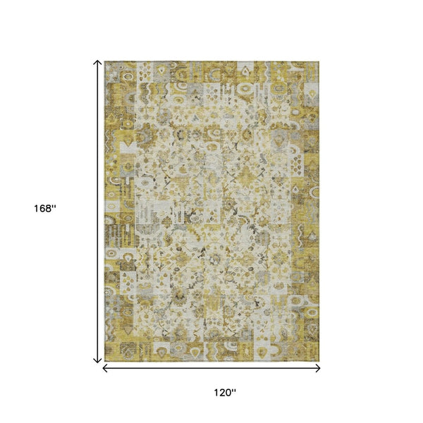 HomeRoots 5' Elegant Gold and Ivory Patchwork Washable Area Rug for Indoor and Outdoor Spaces, Easy Care 10' X 14' 631430